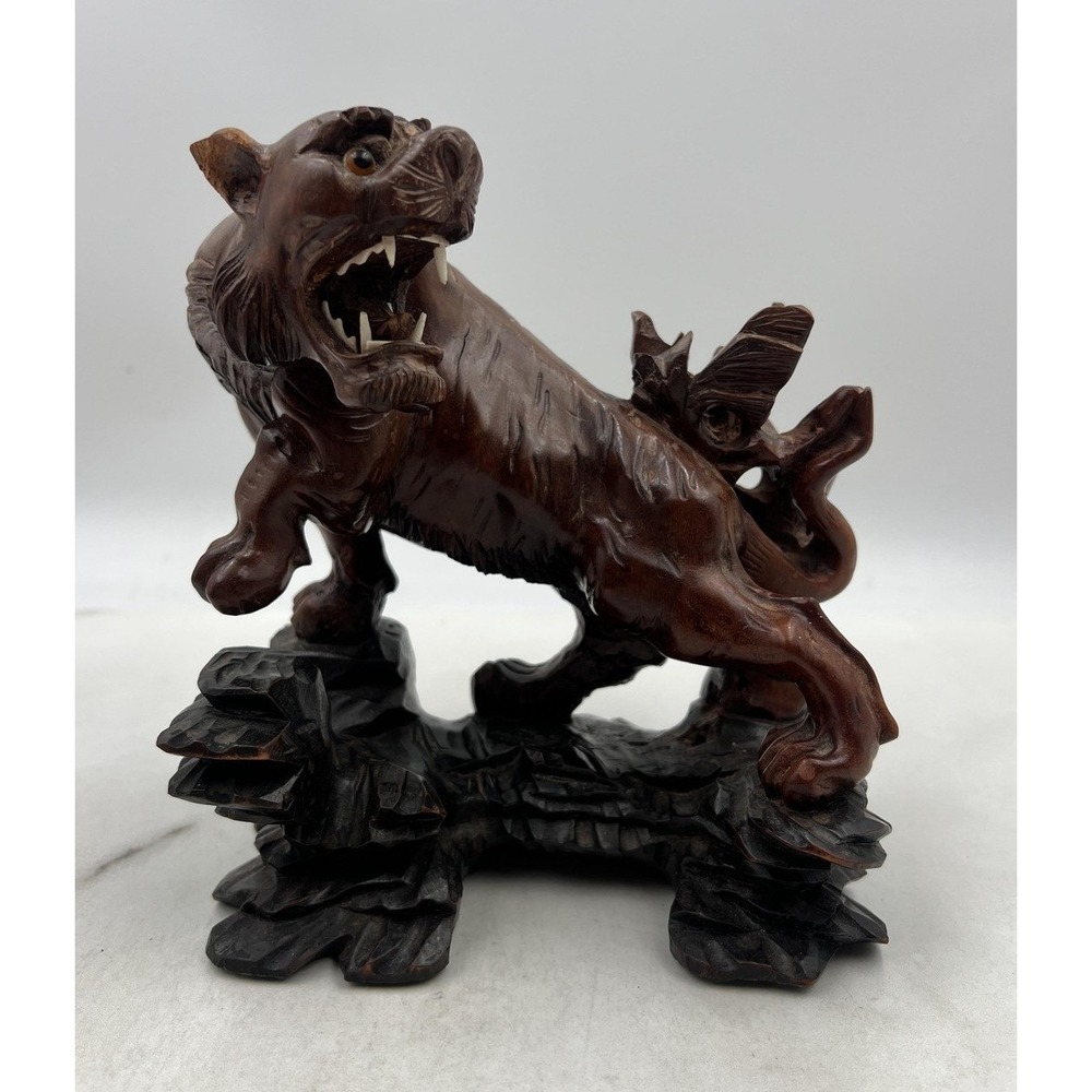 Vintage Wooden Tiger Statue 8" Chinese Japanese Okimono Statue Figure Netsuke
